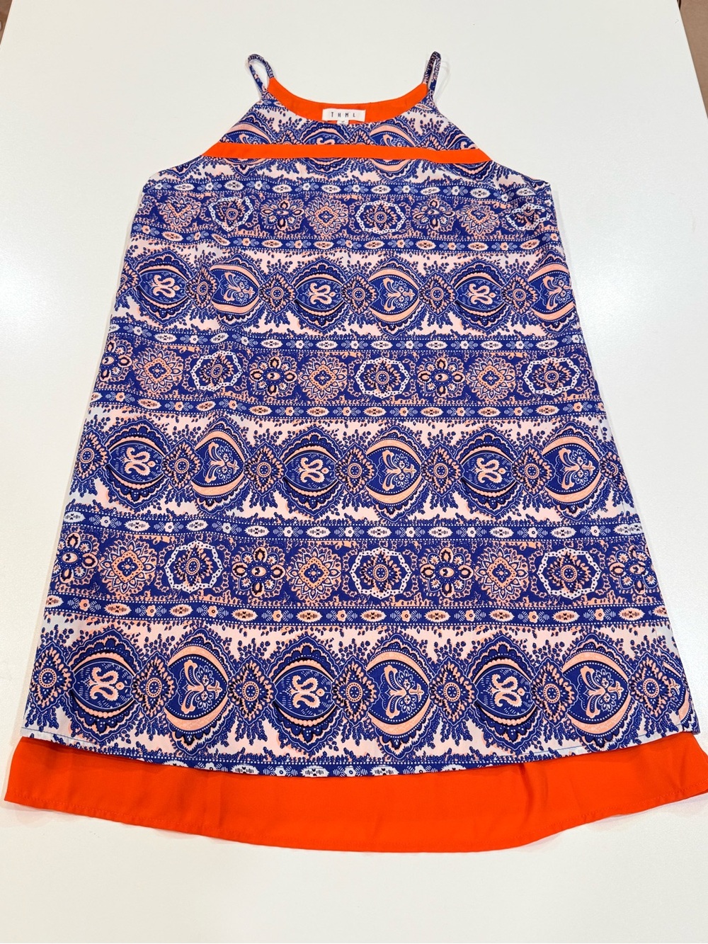 THML Blue & Orange Paisley Swing Dress Size M Boho Sleeveless Lined - Picture 2 of 8